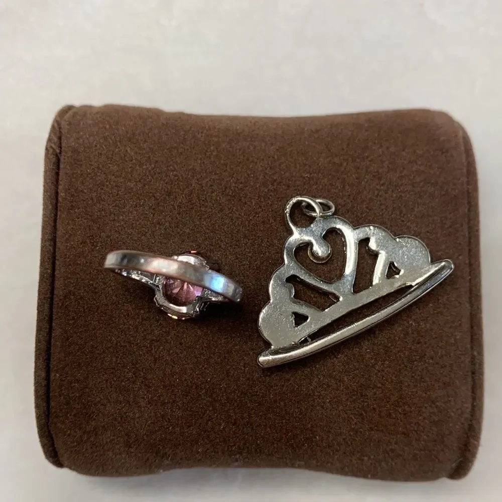 Pretty Princess Crown Necklace Charm and Pink & Silver Ring Combo